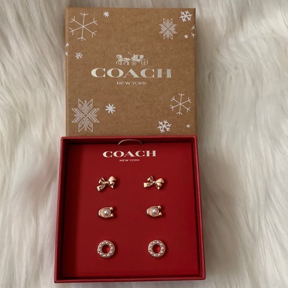 COACH Pearl Bow Stud Earrings Set in Rose Gold - Picture 1 of 3